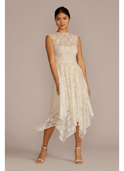 High Neck Lace Dress with Asymmetrical Skirt - The charming open back detail of this delicate